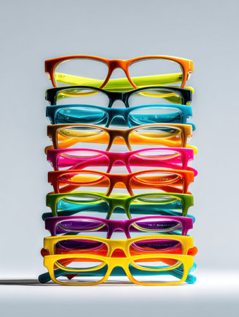 Brightly colored eyeglass frames are neatly stacked in a vertical layout, showing a variety of playful hues under good lighting conditions.の素材