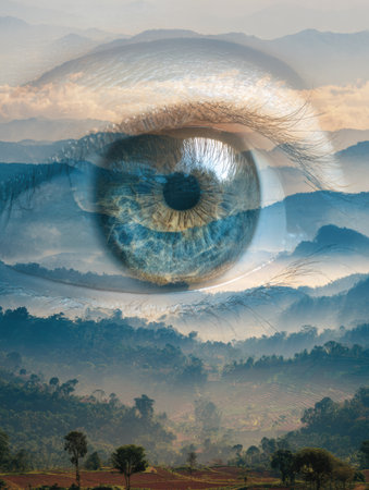 Focused gaze on distant mountains captures the essence of long vision, highlighting clarity in the upper zone and emphasizing a connection to nature.の素材