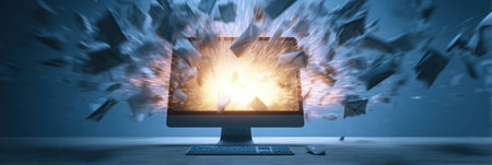 A chaotic explosion of papers and light bursts from a computer monitor with a blinking timer. Urgency fills the dark room, hinting at a virtual crisis.の素材