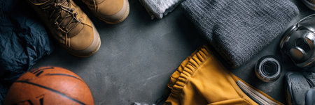 Sports gear is arranged neatly on a flat surface alongside a March Madness flyer, highlighting basketball essentials like a ball and apparel for fans.の素材