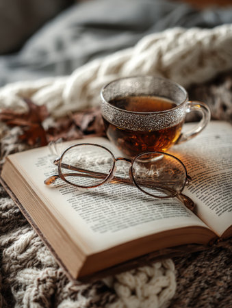 Eyeglasses lie on an open book while a cup of tea sits nearby, enveloped in warm autumn light, creating a peaceful and inviting atmosphere for reading.の素材