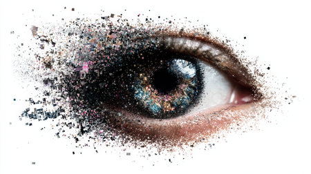 A pixelated eye dissolves into a smooth digital backdrop, showing a unique blend of technology and art in an upper third minimal composition.の素材