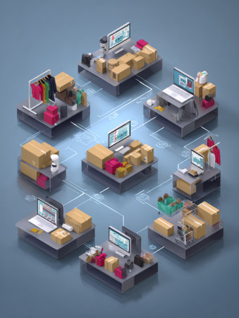 Visual representation of organizing online sales operations featuring inventory processes for physical products and digital interfaces facilitating sales.の素材