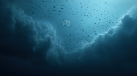 A phishing email floats in dark cyberspace, surrounded by ominous malware clouds, while a clear zone remains visible in the right area.の素材