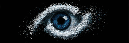 A pixelated eye icon is regenerating into a sharp symbol, symbolizing digital recovery and clarity, with the top third remaining clear and distinct.の素材
