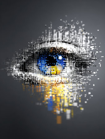 A pixelated eye icon regenerates into a clear and sharp symbol, representing the theme of digital recovery, with a focused upper section.の素材