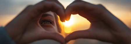 Hands create a heart shape around an eye, capturing the glow of a stunning sunset in the background, with open space adding depth to the moment.の素材