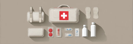 Illustration illustrates a first aid kit with critical supplies laid out, showcasing organization and items needed for basic medical emergencies and safety.の素材