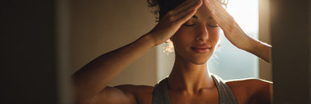 Woman engaged in eye yoga, experiencing a moment of mindfulness and calm in a well-lit, minimalist space, promoting relaxation and vision health.の素材