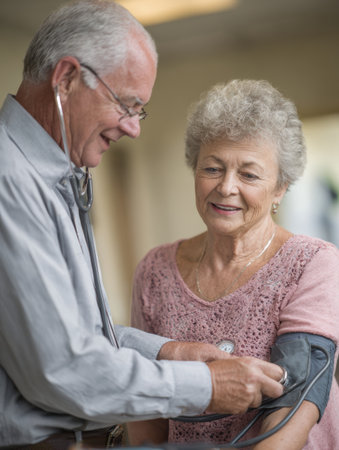 A healthcare professional conducts a wellness visit for an older adult, measuring blood pressure and discussing health during a routine checkup.の素材