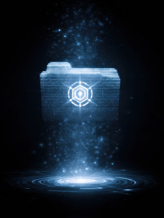 A digital depiction of an encrypted folder icon featuring a shield symbol, glowing brightly in a dark cyberspace setting with a central light source.の素材