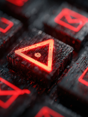 Close-up of a keyboard with a red warning symbol, highlighting the urgency of online security against phishing attacks and cyber threats.の素材