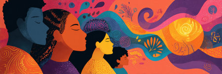 This infographic shows diverse people united in their journey of emotional resilience, highlighting mental health awareness and community support.の素材