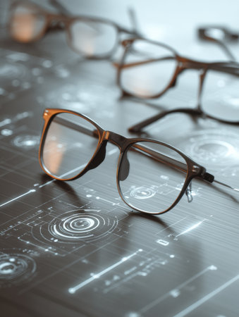 This professional display showcases eyecare instruments like glasses and optometry tools with a minimalistic design for text integration.の素材