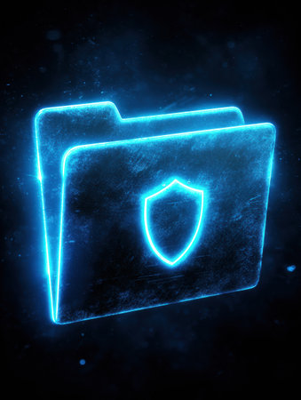 A glowing encrypted folder icon with a shield symbol in dark cyberspace, symbolizing advanced data protection and cybersecurity at night.の素材