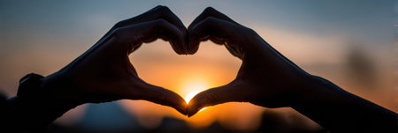 Hands create a heart shape around an eye as the sun sets in the background, evoking a feeling of love and emotional connection at twilight.の素材