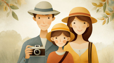 Family members participate in a fun and engaging photo scavenger hunt, capturing joyful moments in a beautiful nature setting filled with green foliage.の素材