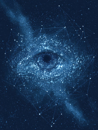 An eye-shaped constellation illuminates the dark night sky, emphasizing its symbolic significance and intricate patterns filled with stars and connections.の素材