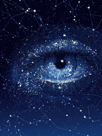 A captivating eye-shaped constellation adorns the night sky, showcasing a tapestry of stars amidst a deep blue backdrop with an open right zone.の素材