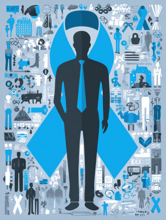 This infographic presents essential information about male cancer risk factors and effective prevention strategies, featuring various related visuals and icons.の素材