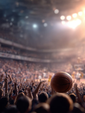 Fans erupt in cheers, waving their arms in excitement as a basketball soars through the air during a thrilling game in a packed stadium.の素材