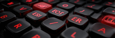 A close-up view of a computer keyboard shows error keys illuminated in red while the left side of the keyboard remains clean and uncluttered.の素材