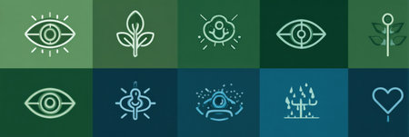Collection of eye health symbols displayed on a clean backdrop, highlighting wellness themes and eye care in a simple and modern style.の素材
