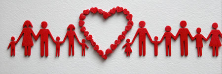 A group of red family icons is arranged to form a heart shape, representing togetherness and love, with the top edge left open, symbolizing connection.の素材