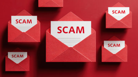 Email inbox shows multiple scam messages marked in bold red, indicating a high level of potential online fraud and user awareness required.の素材