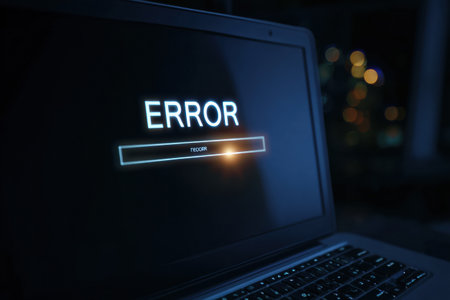 Login screen displays an error message in a dimly lit space, accompanied by a flickering visual effect on the monitor, creating a sense of urgency.の素材
