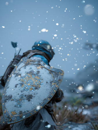 A shielded avatar braves a snowstorm, standing resolutely in a serene yet enchanting landscape filled with falling snowflakes at dusk.の素材