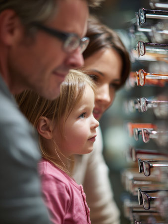 Family members enjoy selecting eyeglass frames together at an optician, highlighting the excitement of a child in a friendly and welcoming environment.の素材