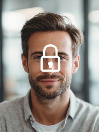 A user avatar shows a facial recognition lock symbol, highlighting security and tech in todays workplace.の素材