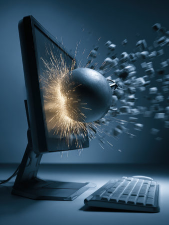 A digital bomb with a blinking timer is bursting from a computer monitor, sending debris flying, with a keyboard positioned in front.の素材