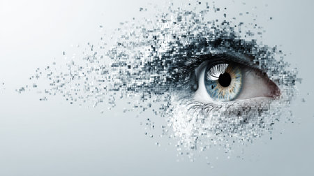 Pixel icon of an eye breaks apart into tiny squares, fading into a smooth digital background, creating a modern and minimal aesthetic.の素材