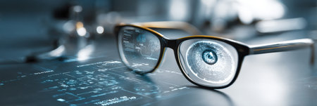 Glasses rest on an optometry workstation featuring eye diagrams and modern tools, illuminated by soft lighting, to enhance the examination experience.の素材