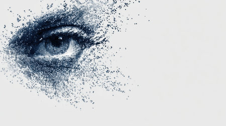 A pixelated eye icon disintegrates into a clean digital space, showing a blend of technology and artistry in a minimalist upper third composition.の素材
