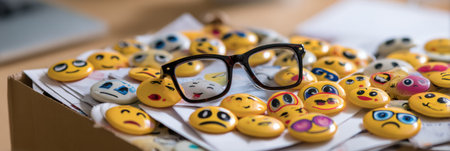 A cluttered email inbox filled with various malware emojis and a pair of glasses resting on top. The workspace appears busy and disorganized.の素材