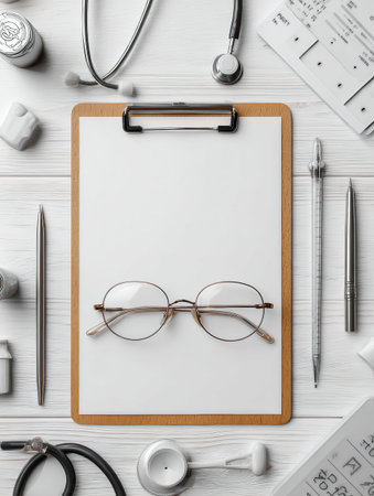 A clipboard features a simple eye care flyer, set among medical instruments and stationery, showcasing a tidy, professional eye health environment.の素材