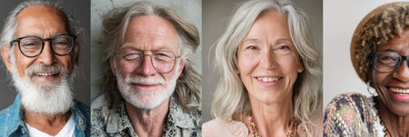 Four older adults express joy and confidence in stylish outfits, celebrating their individuality in a warm, welcoming setting.の素材