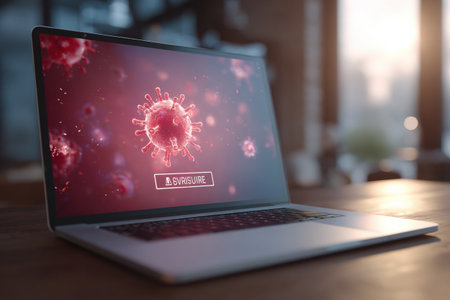 Laptop screen shows a virus alert with a distorted background in a well-lit, contemporary workspace, highlighting the importance of cybersecurity awareness.の素材