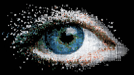 Eye icon starts pixelated and transitions to a sharp symbol, symbolizing recovery and clarity in digital environments, highlighting innovation in technology.の素材