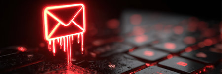 Bright red phishing icon drips ominously above a futuristic keyboard hologram, illustrating a cyber threat in a dimly lit environment.の素材
