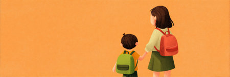 A parent and child hold hands while facing a warm-colored background, symbolizing excitement and readiness for the first day of school.の素材