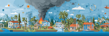 Infographic highlights essential preparedness strategies for natural disasters, showing community efforts in response to emergencies like floods and fires.の素材