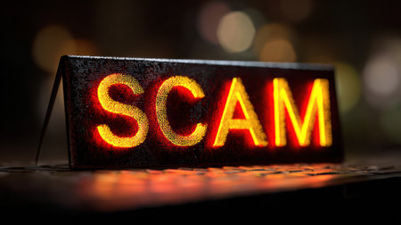 A prominent warning sign displays the word scam illuminated in bright colors, emphasizing the dangers of online fraud and cyber threats in the digital world.の素材
