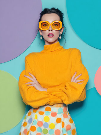 A fashionable woman stands boldly, featuring oversized glasses and a striking outfit. The pastel background adds to the vibrant vibe of the moment.の素材