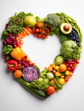 A vibrant collection of vegetables and fruits arranged in a heart shape. The top edge is left clear, highlighting healthy eating. Perfect for wellness themes.の素材