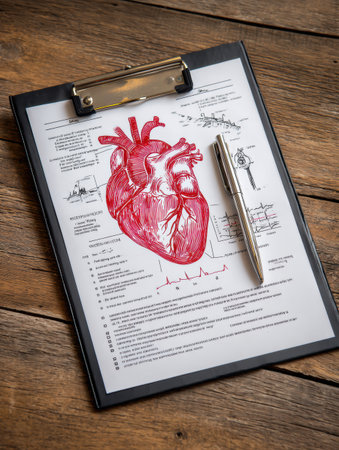 A healthcare clipboard displays a detailed heart diagram alongside a pen, set on a rustic wooden background, ideal for study or clinical reference.の素材