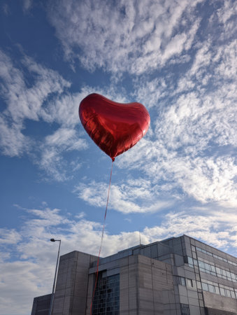 A large red heart balloon floats above a hospital against a clear blue sky and wispy clouds, fostering a hopeful atmosphere.の素材